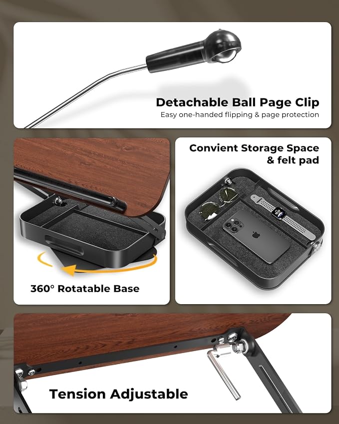 Adjustable Book Stand with Storage Drawer, 360° Rotating Book Holder, Height & - Image 3
