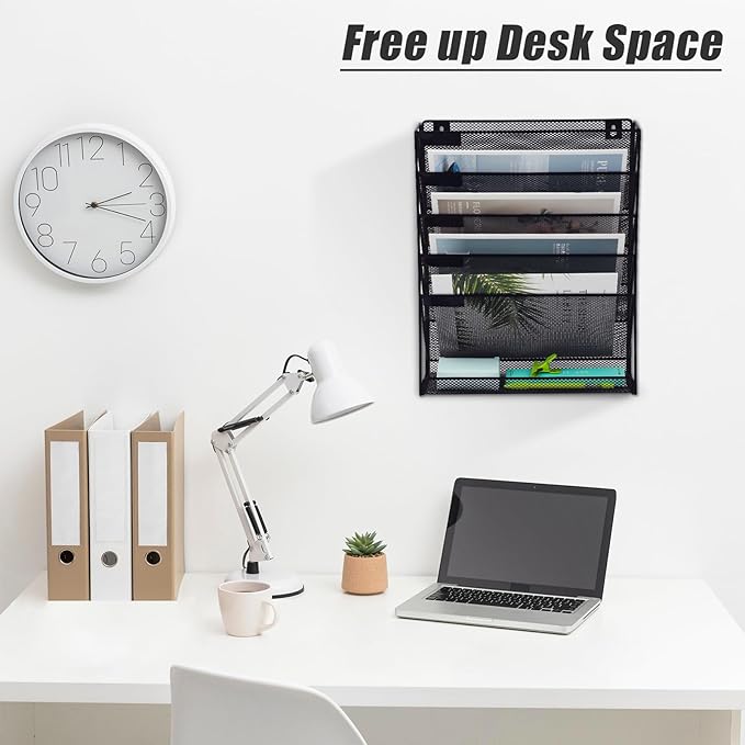 EASEPRES 6 Tier Mesh Hanging Wall File Organizer, Desk Mail Paper Document Folder Holder, Clipboard Storage Organization Magazine Rack with Bottom Tray and Nametag Label for Office Home School, Black-DeskLoop Office