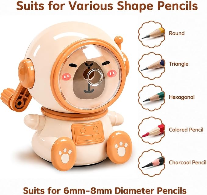 Cute Capybara-Shaped Astronaut Manual Pencil Sharpener, Hand Crank Desktop - Image 2