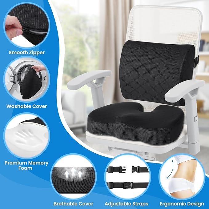 TushGuard Office Chair Cushions with Handles, Back&Seat Cushion, Sciatica & Back Coccyx Tailbone Discomfort Easing Chair Pad, Memory Foam Lumbar Support Pillow for Gaming, Desk, Car (Black, X-Large)-DeskLoop Office