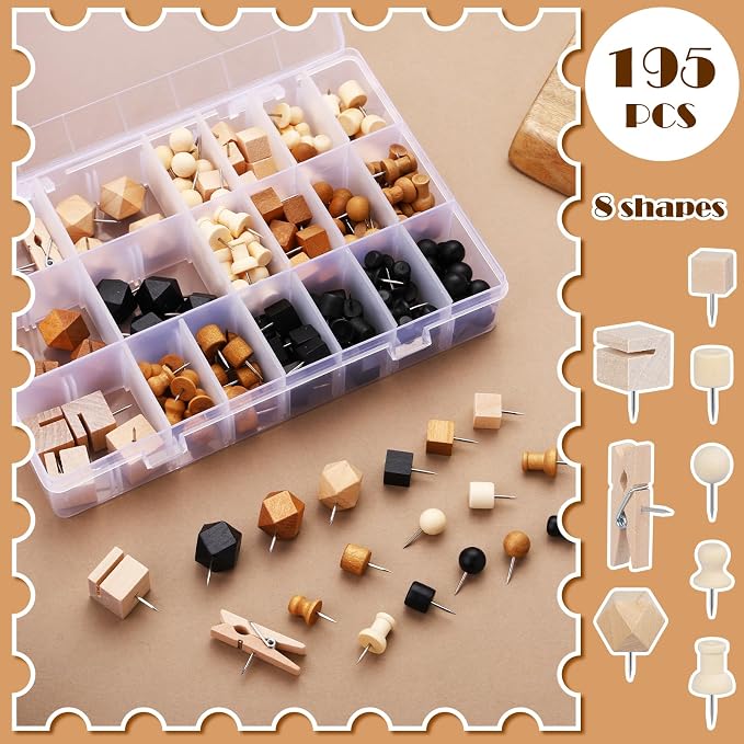 196 Pcs Thumb Tacks, Push Pins for Cork Board, Wooden Push Pins, Wooden Thumb - Image 3