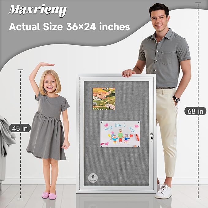 Outdoor Weatherproof Enclosed Fabric Bulletin Board,Noticeboard Case with Lockable Glass Door,Silver Aluminum Frame, 36x24 Inch (5xA4)-DeskLoop Office