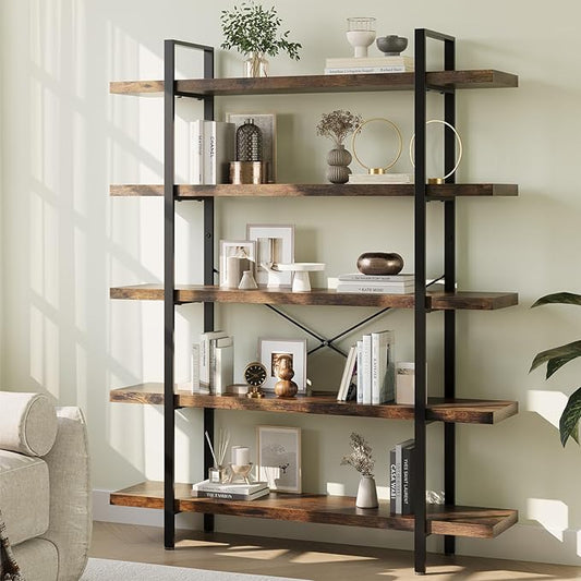 Heavy Duty 5-Tier Industrial Bookcase, 47" Wide Wood Bookshelf for Home Office, 120lbs Shelf Capacity, Rustic Open Shelving Display with Reinforced Horizontal Shelf for Living Room Bedroom-DeskLoop Office