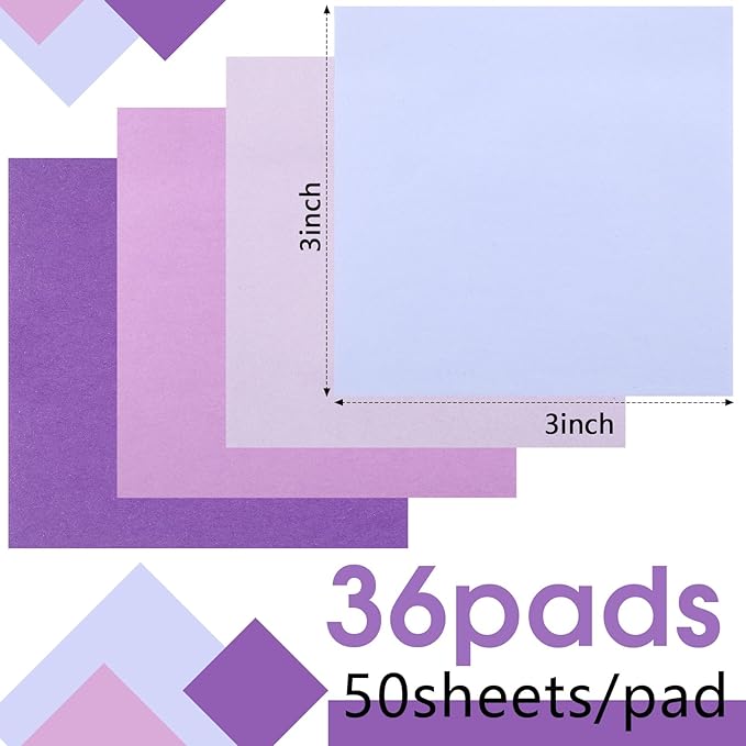 Thenshop 36 Pads Sticky Notes 3''x3'', Self Stick Notes Pads Office Supplies, 50 Sheets/pad Colored Aesthetic Sticky Accessories Home, Office, Notebook(Purple)-DeskLoop Office