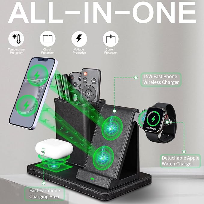 Office Supplies Desk Accessories,Pen Holder Remote Control Holder, Organizer with Phone Charger,Nightstand Desktop Organizer,Black Leather Desk Organizer With Charging Station (black)-DeskLoop Office