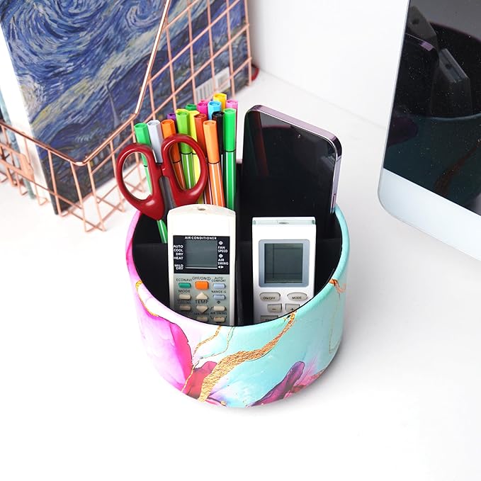Round Leather Art Supply Organizer,Remote Control Holder,360-degree Rotating Pen Organizer with 4 Compartments(1-Red Green Splash Ink)-DeskLoop Office