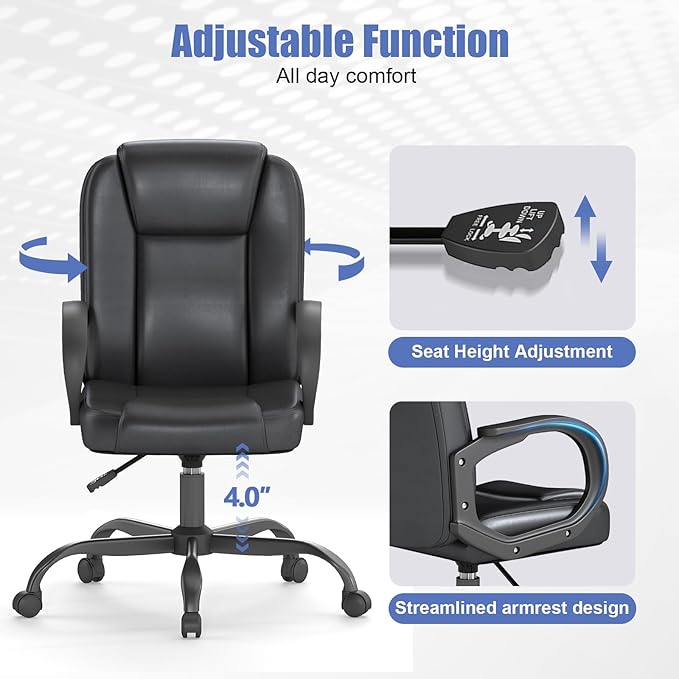 ZZH Executive Office Chair, Leather Desk Computer Chair with Armrests, Mid-Back Swivel Adjustable for Home Office, 6PC, Black-DeskLoop Office