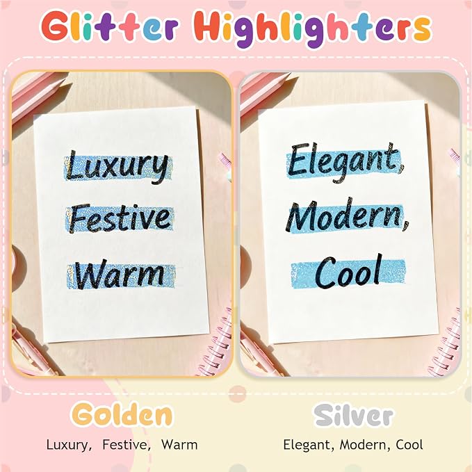 24 Glitter Highlighters, Metallic Chisel Tip Marker Pens | Pastel & Fluorescent - Image 5