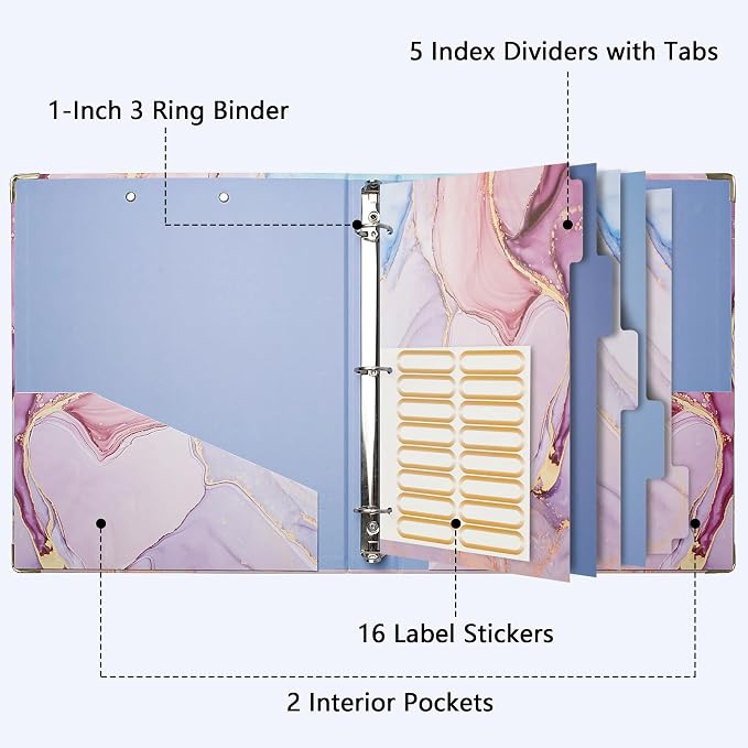 Cute 3 Ring Binder with Clipboard, 1 Inch Round Ring Organizer with 5 Tab - Image 4