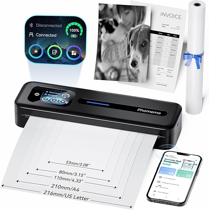 Phomemo Upgraded Portable Printer with Touchscreen, M832D Bluetooth Wireless Thermal Inkless Printer, Supports 8.5"x11" US Letter & A4, Compatible with iOS, Android, PC for Travel, Black-DeskLoop Office
