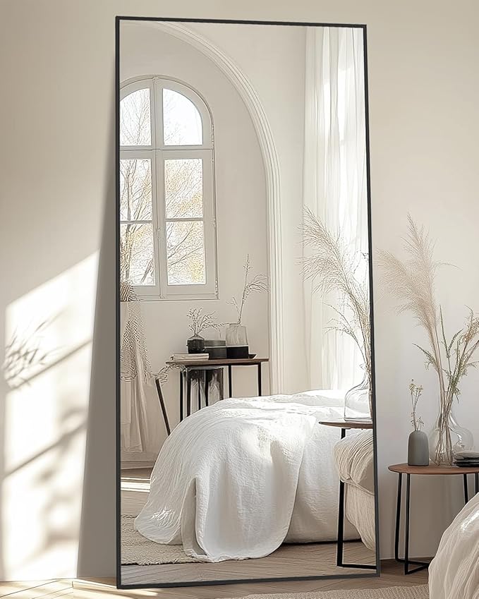 Full-Length Floor Mirror with Stand, 71"x28" Rectangle Style Full Body Standing Mirror for Bedroom, Living Room, Gym, Dorm - Shatter-Resistant & Easy Assembly, Black-DeskLoop Office
