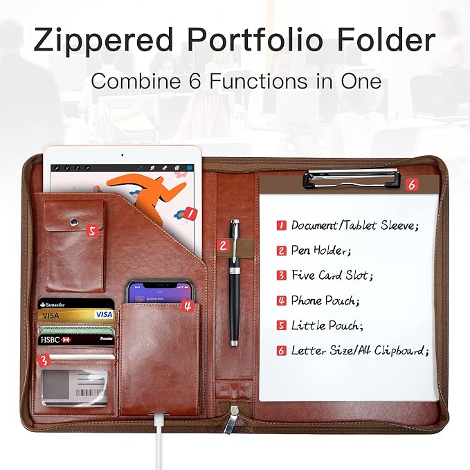 Zippered Padfolio Organizer, WRIYES Leather Planner Binder, 10.2 Inch Portfolio - Image 2