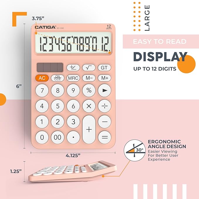 CATIGA 12 Digit Desktop Calculator Basic Desk Calculator with Large LCD Display, Big Buttons, 4 Function, Solar and Battery Dual Power, for Office, School, Home, SD-1292 Pink-DeskLoop Office