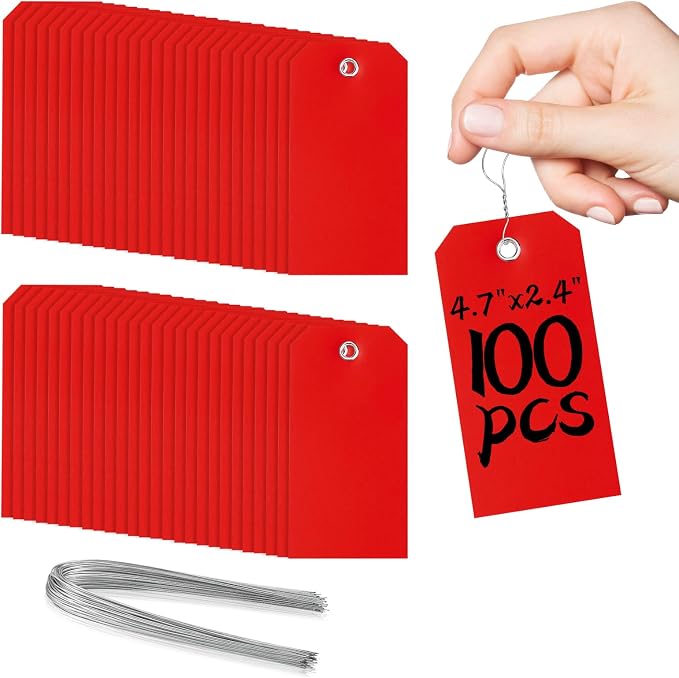 100 Pcs Red Tags with String Blank Shipping Tags with Metal Wire Writable Price by XUWAIDSGN