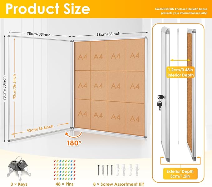SWANCROWN Enclose Bulletin Board Case Big School Cork Pin Noticeboards Secure Cabinet for Message Guide 38x38inches (12xA4)-DeskLoop Office