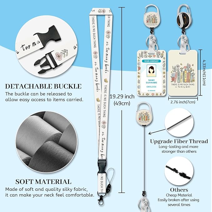 Hancynir Book Lover Lanyards for Id Badges, Cute Floral Teacher Badge Holder - Image 4