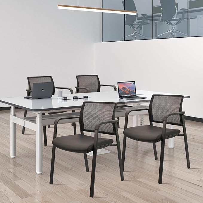 CLATINA Stackable Office Chair, Mesh Back Guest Chairs with Comfortable Leather Seat Arms Stacking Ergonomic Desk Chair No Wheels for Conference Waiting Reception School Stationary, Black, Set of 8-DeskLoop Office