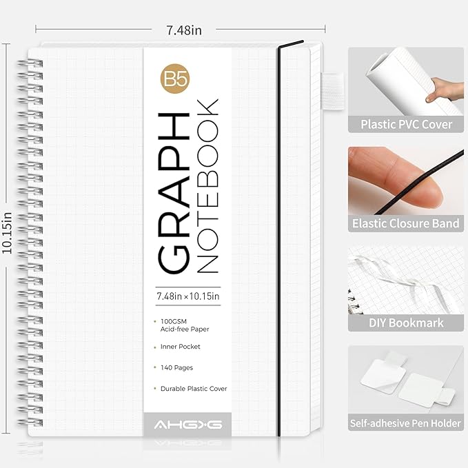 AHGXG Graph Paper Notebook - Spiral Notebook Journal 7.6" x 10", B5 Large Graph Notebook, 140 Pages, 100 gsm Thick Grid Paper, Waterproof Plastic Cover, for School Writing Engineering, Transparent-DeskLoop Office