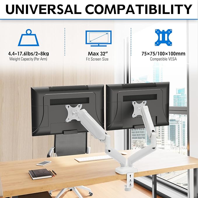 MOUNTUP Dual Monitor Stand for Desk, Pneumatic Monitor Arms for 2 Monitors Max 32 Inches, Height Adjustable Double Monitor Mount, VESA Mounts with C-Clamp & Grommet Base, Holds 4.4-17.6lbs, White-DeskLoop Office