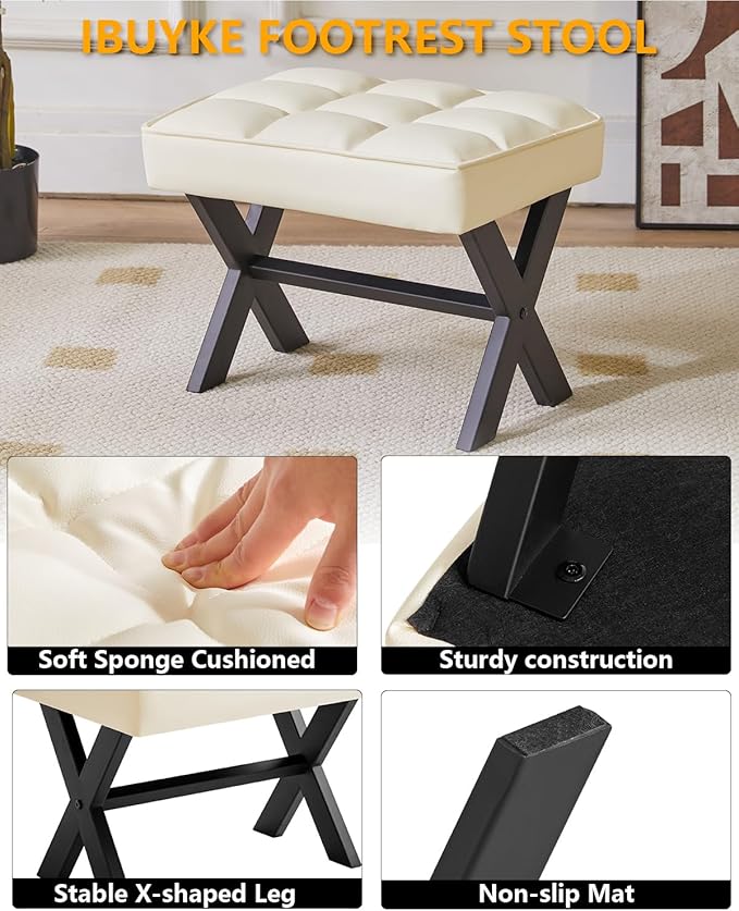 IBUYKE Small 12" H Footrest Stool, Square PU Foot Stool with Metal X-Leg, Multi-Use as Small Side Table, Step Stool for Living Room, Bedroom, Entryway, Office, White WBD012W-DeskLoop Office