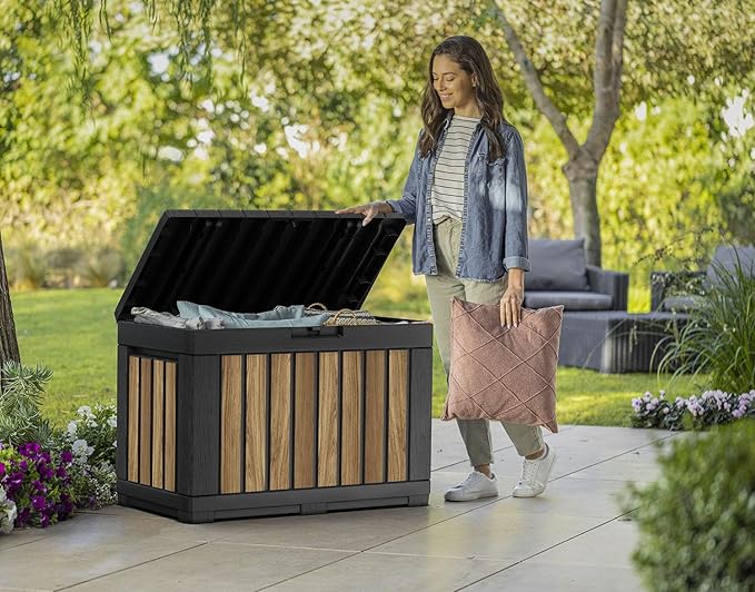 Keter Signature Collection 50 Gallon Resin Deck Box Organization and Storage Box for Patio Outdoor Cushions, Throw Pillows, Garden Tools and Pool Supplies, Oakridge-DeskLoop Office