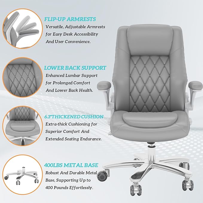 GYI O205P High Back Executive Office Chair, Big and Tall Office Chair 400LBS with Rubber Wheels,Ergonomic Adjustable Computer Desk Chairs with Padded Flip-up Armrests,Lumbar Support (Grey)-DeskLoop Office
