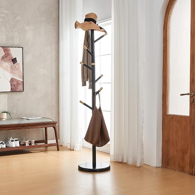 Uniclinens Coat Rack Freestanding Solid Wood Coat Tree Standing with 7 Hooks, Coat Rack Stand Creative Tree Branch-look (Black)-DeskLoop Office