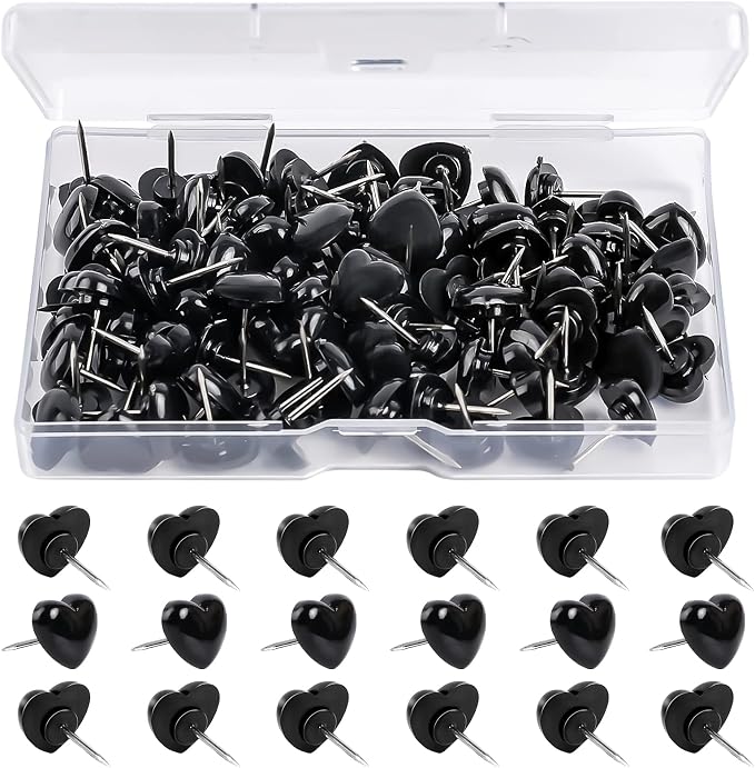 100pcs Push Pins, Plastic Pushpins Black Push Pins Heart Shaped Cute Thumb by Vin+Beauty