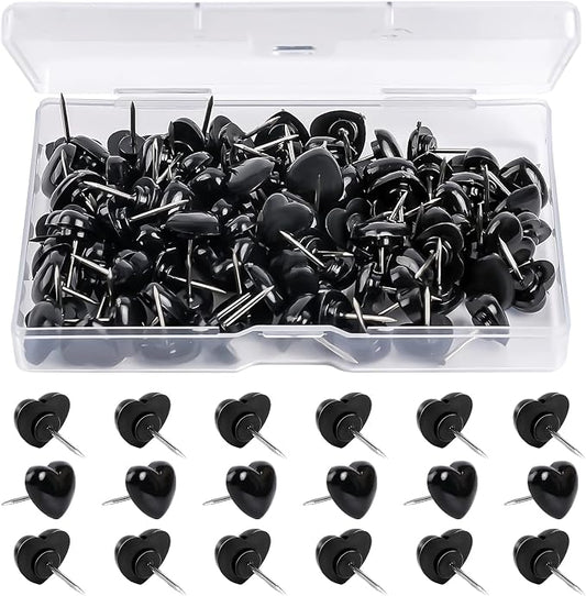 100pcs Push Pins, Plastic Pushpins Black Push Pins Heart Shaped Cute Thumb by Vin+Beauty