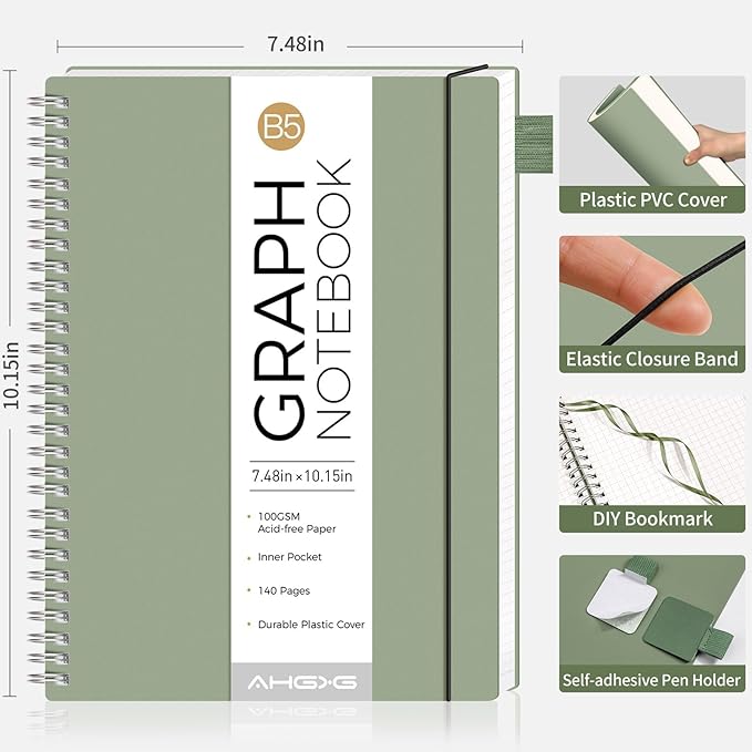 AHGXG Graph Paper Notebook - Spiral Notebook Journal 7.6" x 10", B5 Large Graph Notebook, 140 Pages, 100 gsm Thick Grid Paper, Waterproof Plastic Cover, for School Writing Engineering, Sage Green-DeskLoop Office