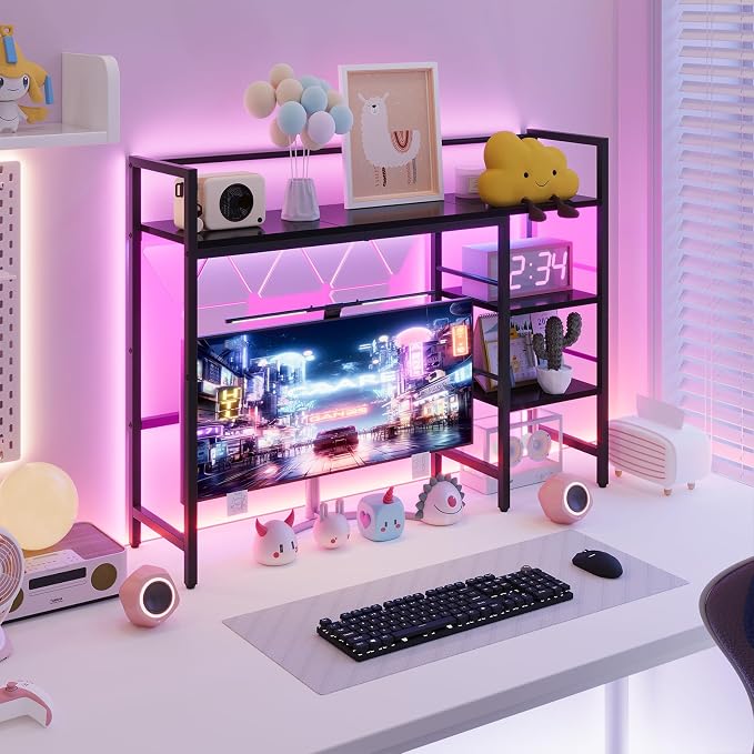 HavenlyYouth Desk Shelf with LED Light Strip, 3-Tier Storage Desktop Organizer - Image 8