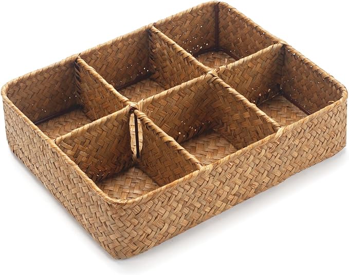 Tea Bag/Sugar Packet Holder, Coffee Station Condiment Organizer, Seagrass Storage Basket, Wicker Rattan Divided Basket Organizer for Drawer/Shelf/Countertop-DeskLoop Office