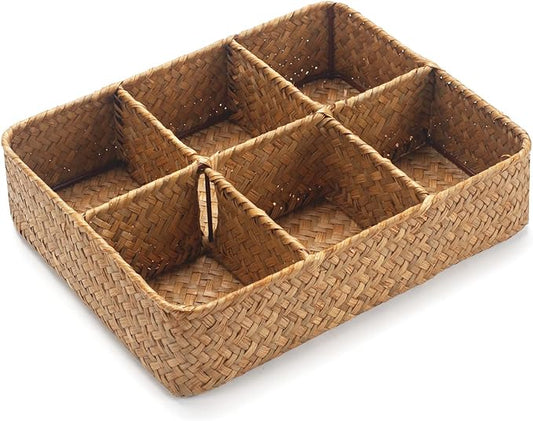 Tea Bag/Sugar Packet Holder, Coffee Station Condiment Organizer, Seagrass Storage Basket, Wicker Rattan Divided Basket Organizer for Drawer/Shelf/Countertop-DeskLoop Office