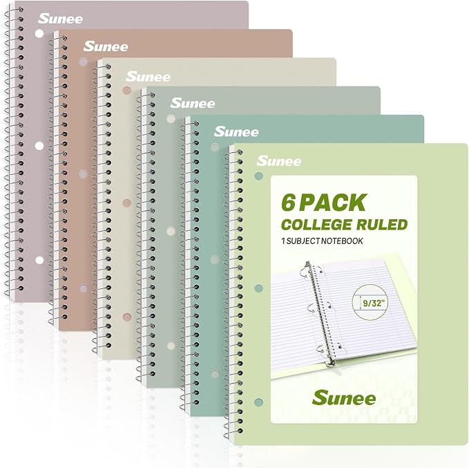 SUNEE Spiral Notebooks, 6 Pack, College Ruled Paper, 70 Sheets per Notebook by SUNEE