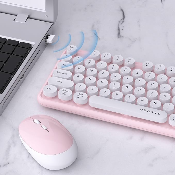 UBOTIE Colorful Computer Wireless Keyboard Mouse Combos, Typewriter Flexible Keys Office Full-Sized Keyboard, 2.4GHz Dropout-Free Connection and Optical Mouse (Pink-White)-DeskLoop Office