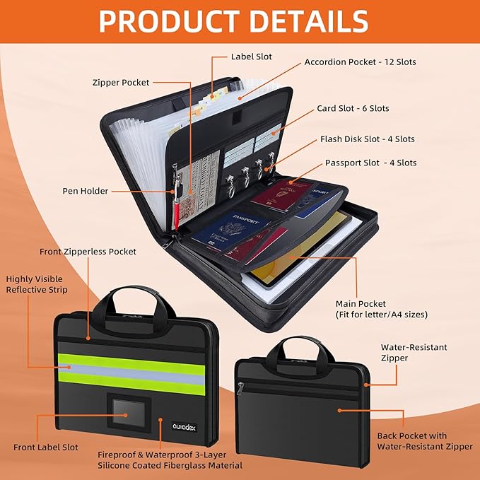 Fireproof Accordion Document Bag, Water-Resistant File Organizer, 12 Pockets - Image 4