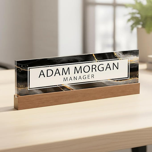 ARTBLOX | Office Personalized Name Plate Black Gold Marble Design On Clear by Artblox