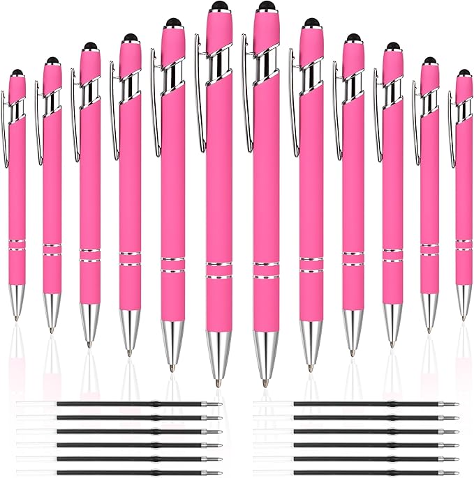 12 PCS 2 in 1 Stylus Ballpoint Pen with Stylus Tip, 1.0 mm Black Ink Metal Pen Stylus Pen for Touch Screens (Silver & Pink)