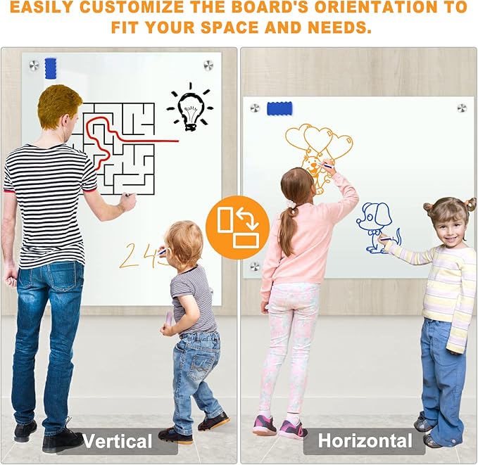 H-Qprobd Glass Whiteboard 60"x40" Magnetic Dry Erase White Board for Wall, Includes 12 Magnets, 8 Markers and 2 Erasers-DeskLoop Office