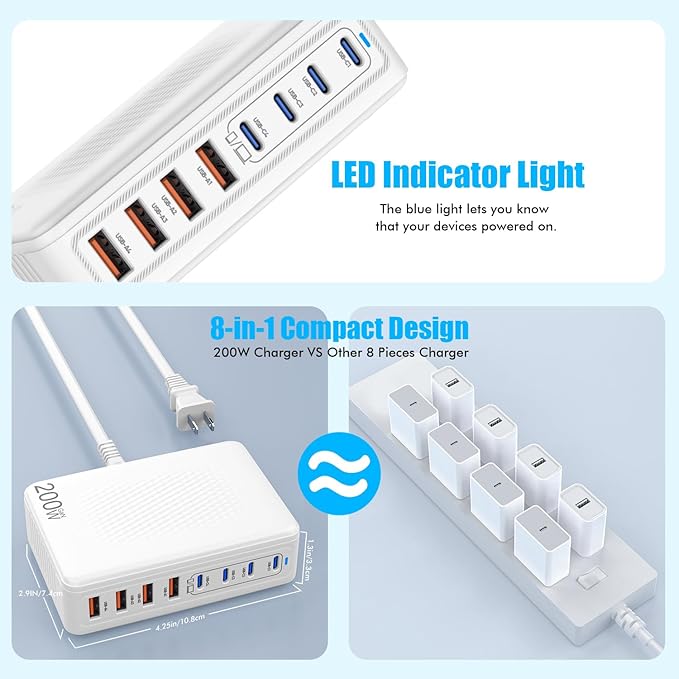 USB C Charger Block,200W GaN 8 Port USB C Charging Station USB Hub Block Cube Type C & USB A Wall Charger Power Adapter for Multiple Devices Apple iPhone 16/15/14,Steam Deck,MacBook Pro/Air,iPad Pro-DeskLoop Office