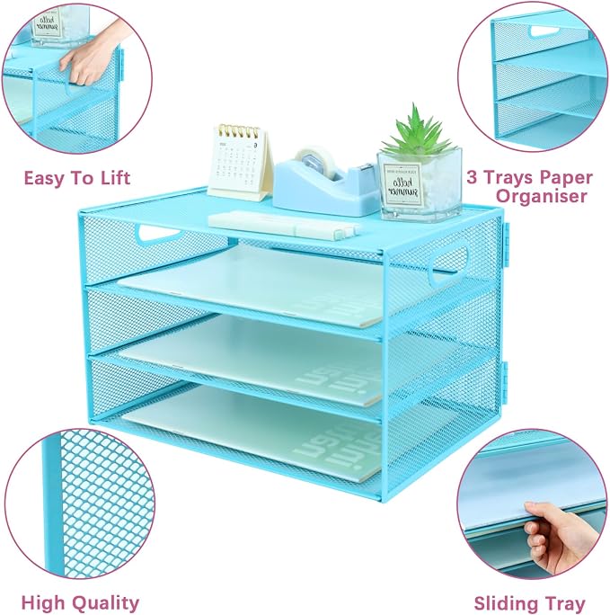 3 Tier Lettrer Tray Organizer, Metal Mesh Desk File Organizer - Image 3