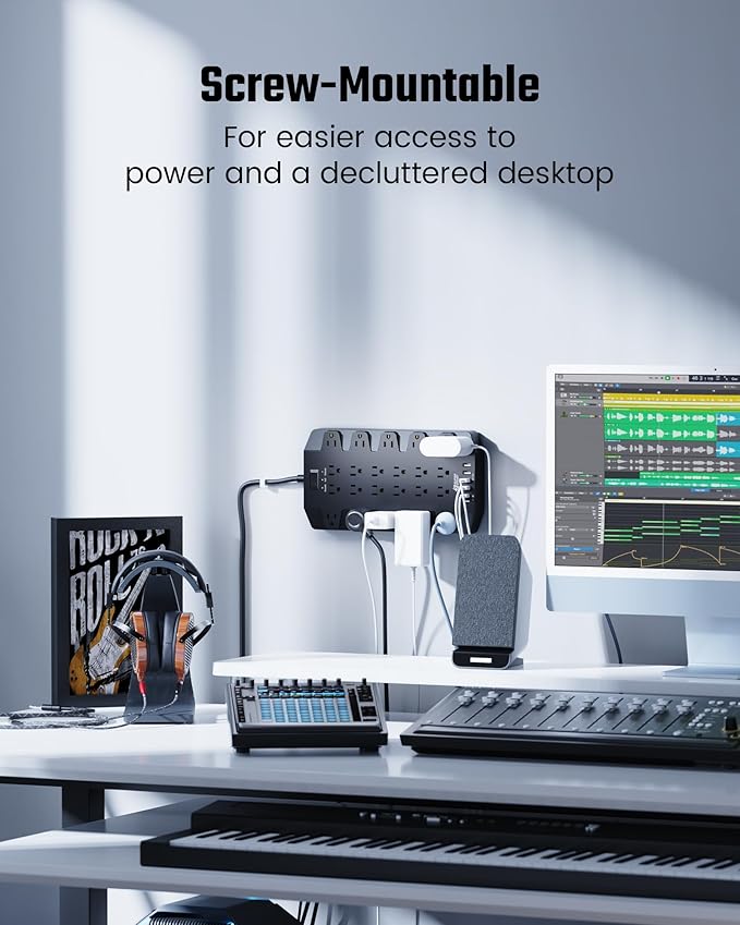 10 Ft Extension Cord Power Strips with Surge Protection, SUPERDANNY Surge Protector with 22 Outlets, 2 USB-C and 4 USB-A, 2100J, 10Ft Flat Plug Heavy Duty Extension Cord (1875W/15A) for Home, Office-DeskLoop Office