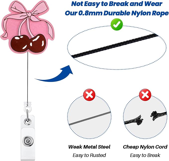 Pink Bow Cherry Badge Reel, Cute Retractable ID Card Badge Holder, Name Tag - Image 5