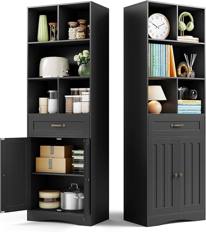 Gizoon 71'' Tall Storage Cabinet, Kitchen Pantry Cabinet with Doors & Drawers, Wooden Storage Organizer for Living Room, Office, Kitchen, with Adjustable Shelves, Anti-tip, Metal Handle, Black-DeskLoop Office