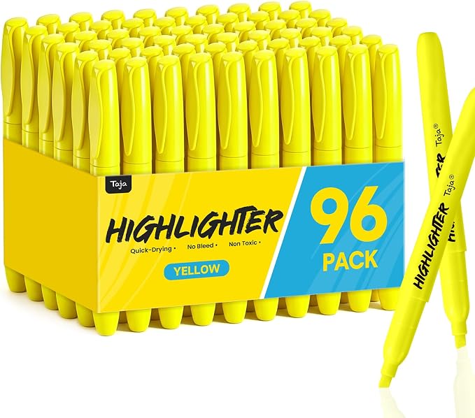 Taja Highlighters 96 Pack Value Pack, Bright Yellow, Chisel Tip Marking Pens by Taja