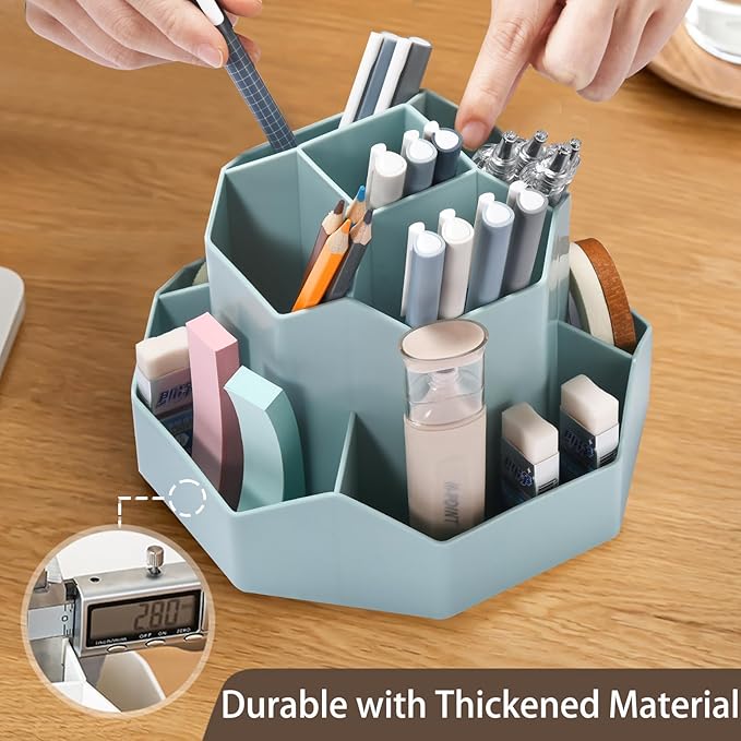 Pencil Pen Holder for Desk, 9 Slots 360 Degree Rotating Desk Organizer, Cute Pen Organizers Stationery Supplies for Office Home & Art Supply (Blue)-DeskLoop Office