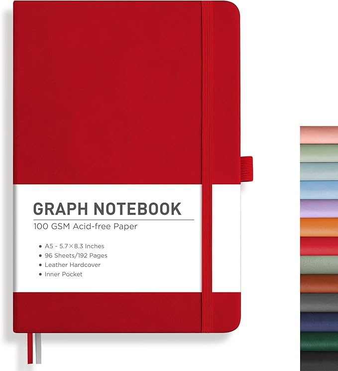 RETTACY Graph Grid Paper Notebook, 192 Pages, A5 Medium Size (5.7'' x 8.3''), 5 Squares per Inch, Leather Hardcover, 100 GSM Thick Paper, for School, Students, Math, Engineering (Red)-DeskLoop Office