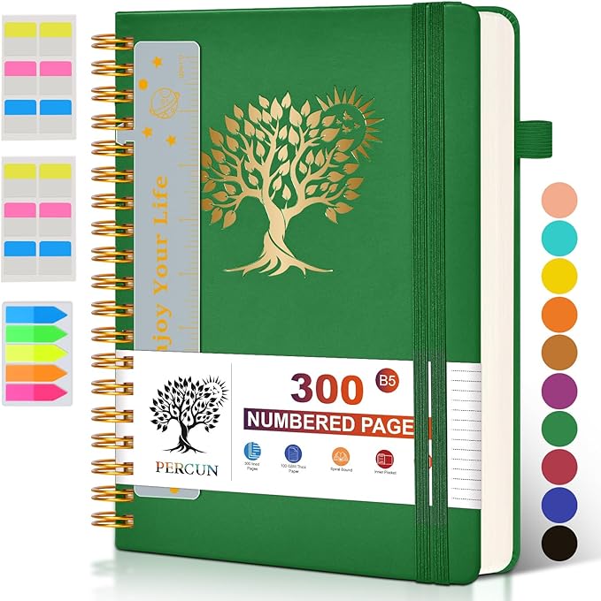 Large Spiral Notebook Journal for Women Men - 300 Numbered Lined Pages, College Ruled,B5 Hardcover Spiral Bound Notebook for School, Work, Note Taking, Writing, Leather Spiral Journal 7"x10"-DeskLoop Office