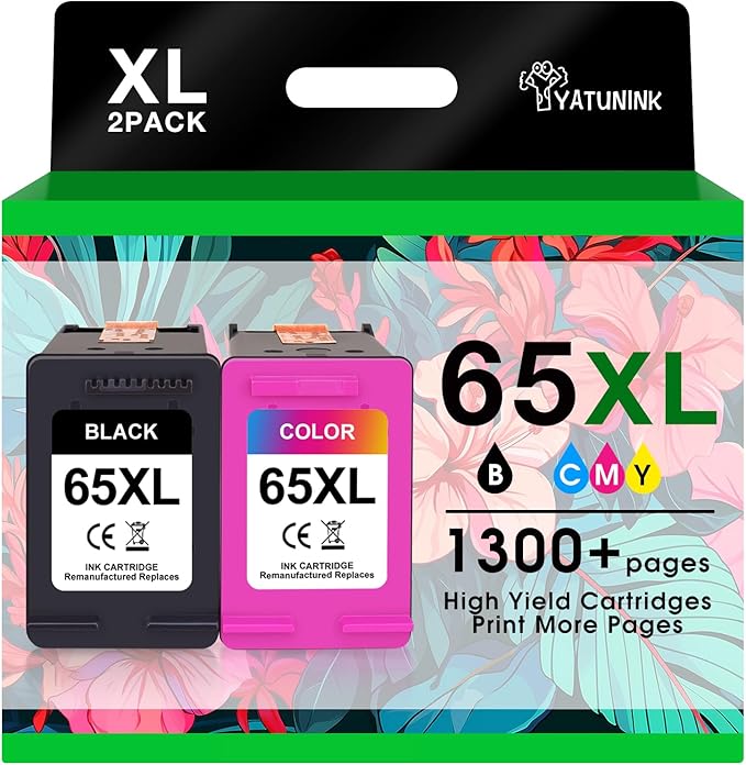 65XL 65 Ink Cartridges Black/Color Combo Pack Compatible for HP Ink 65 Works with Envy 5052 5055 5070 deskje 2600 2622 2652 2655 3700 3755 3772 (1 Black, 1 Color) 2-Pack-DeskLoop Office