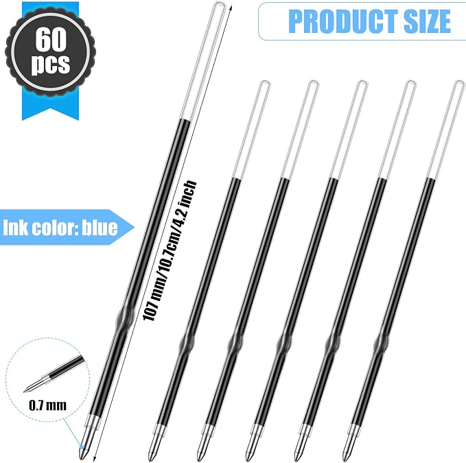 Outus 60 Pcs 0.7 mm Blue Retractable Pen Refills Bulk 4.2inch Replacement - Image 2